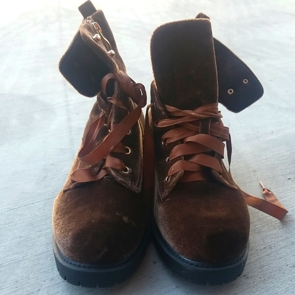 Cute velvet brown combat boots with ribbon laces